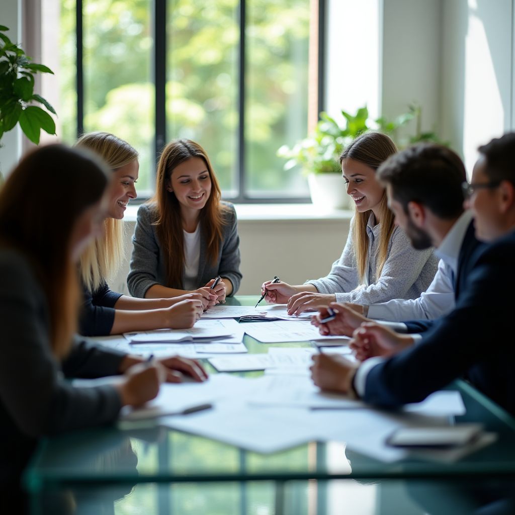 Equipo de consultores financieros discutiendo estrategias.